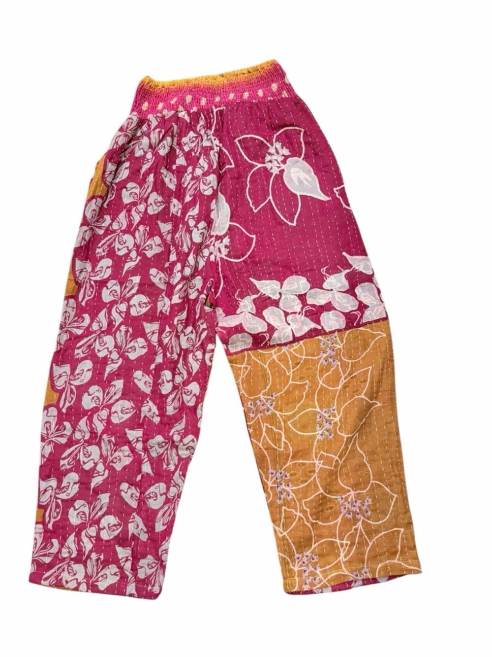 Boho Wide-Leg Kantha Patchwork Pants in Fuchsia & Mustard